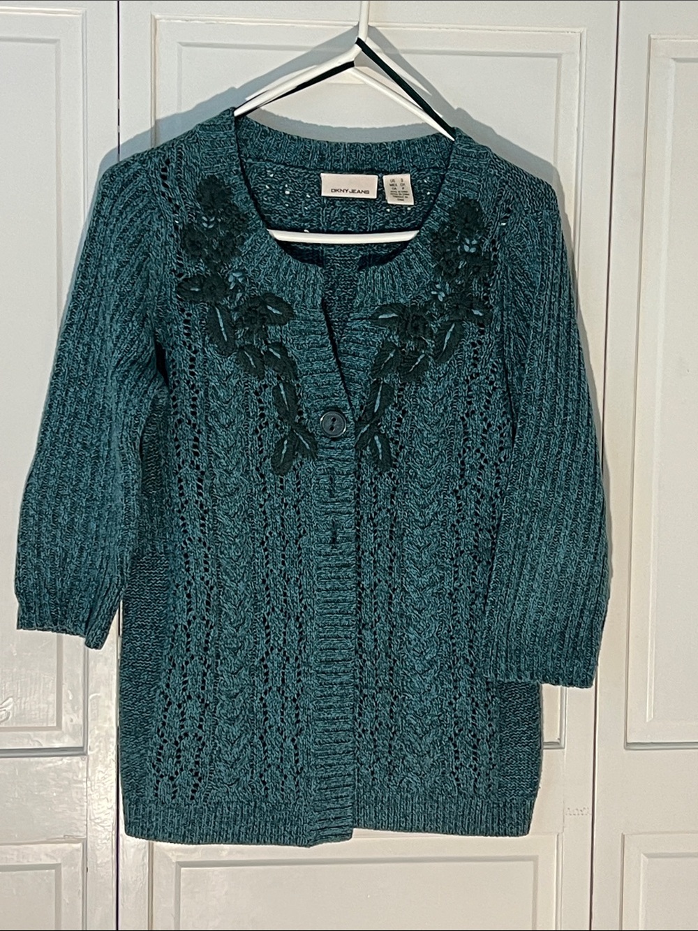 DKNY Teal Cable-Knit Floral Appliqué Cardigan